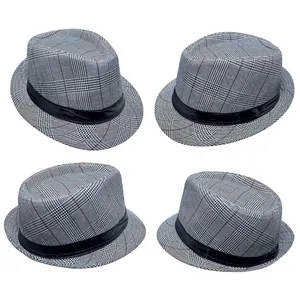 Detail view showing four angles of a breathable grey plaid fedora hat with black ribbon