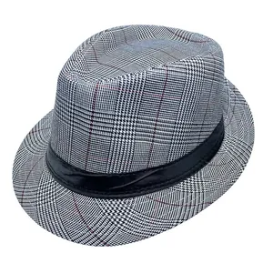 Detail of grey glen check fedora hat with black ribbon and subtle red stripe accents