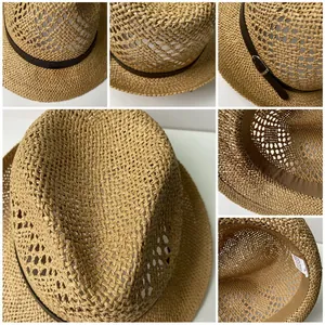 Classic straw fedora hat with breathable hollow mesh design and brown faux leather buckle strap