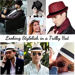 Collage of wool and straw trilby hats showing stylish men and women in various settings