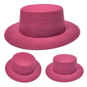 Three-view detail of a magenta wool flat top fedora with wide brim and matching ribbon