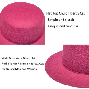 Detail of rose red wool blend flat top wide brim hat showing material texture and unisex design