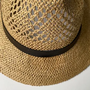 Detailed close-up showing the hand-woven texture and black leather band of the straw hat