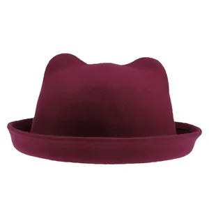 Chapeau melon en feutre de laine bordeaux avec oreilles de chat pour femmes et enfants