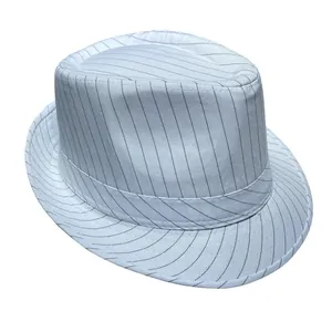Close-up of white fedora hat with classic black vertical stripes and twill fabric texture