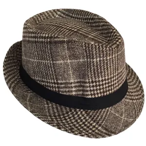 Cappello jazz a quadri stile britannico marrone fedora con nastro decorativo nero