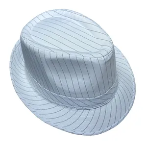 Detail view of white pinstripe fedora hat featuring classic indented crown and fabric band