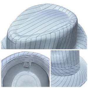 Detail view of white striped fedora showing fabric blend and size 58 label
