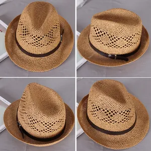 Multi-angle views of straw fedora hat featuring a leather strap and metallic buckle
