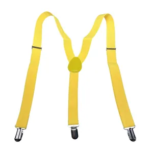 Dettaglio di bretelle a Y giallo brillante con cinghie elastiche e clip in metallo argento