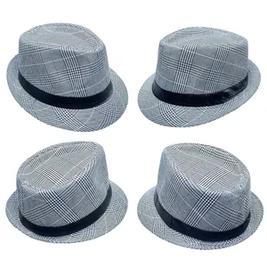 Detail view of grey glen plaid fedora hat for men with black decorative band