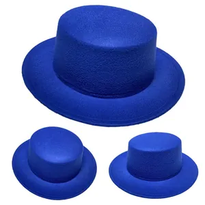 Detailed view of royal blue wool felt wide brim fedora hats with flat top and smooth texture