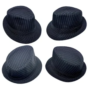Detailed views of dark blue pinstripe fedora hat from multiple angles on white background