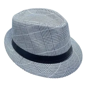 Classic black and white checkered fedora hat with black band for men, 45-degree angle view
