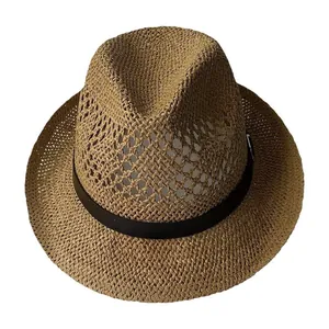 Classic straw fedora hat for men and women with breathable mesh and black band