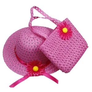 Pink straw sun hat and matching sunflower handbag set for toddler girls summer outfits