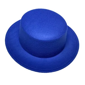 Detailed top view showing texture of the navy blue flat top wool felt fedora hat