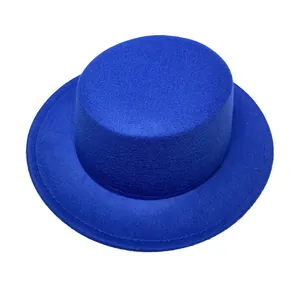 Macro shot of royal blue wool felt top hat showing dense texture and flat brim detail