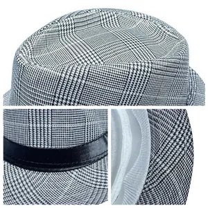 Detail of breathable plaid fedora featuring silk band and sweatband for elderly men