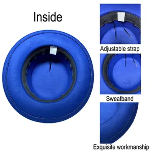 Detail view of royal blue fedora interior showing adjustable strap and sweatband lining