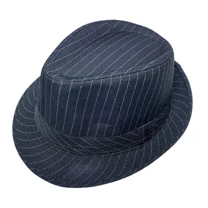 Detail view of navy blue fedora hat with white pinstripes and classic teardrop crown
