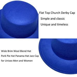 Detailed view of royal blue flat top wool blend fedora with wide brim for men and women