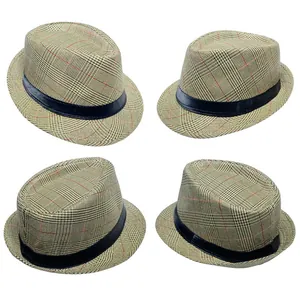 Detail view of a men's classic plaid fedora hat with a black band from multiple angles