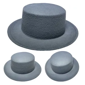 Detailed view of gray flat top wool fedora hat with firm texture and classic wide brim