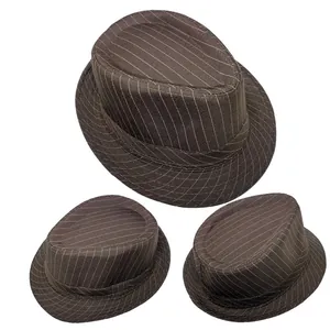 Macro detail of the dark brown striped wool fedora hat showing texture and retro style