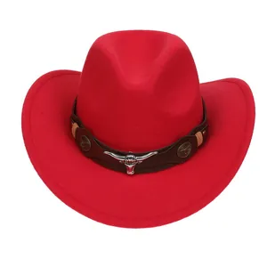 Classic red wool felt cowboy hat with leather band and silver bull head metal ornament