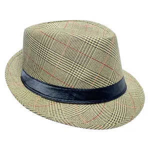 Classic beige plaid fedora hat for men with breathable checkered fabric and black band