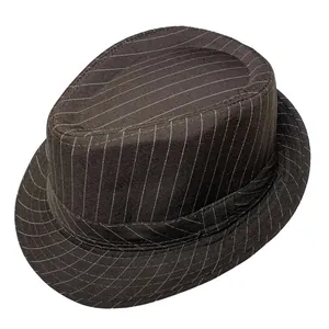 Close-up of a striped fedora hat with fine texture and structured brim detail