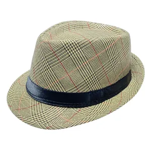 Detailed view of British style khaki glen check fedora hat with black satin band