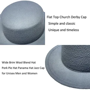 Close-up of the fine wool blend felt texture on a dark grey wide brim flat top fedora hat