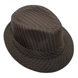 Classic dark brown pinstripe fedora hat with British retro style for men and women