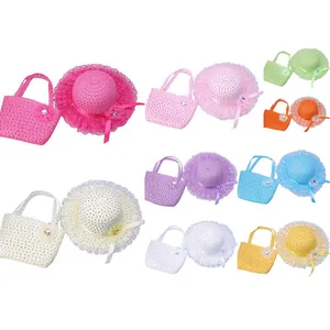 Detail shot of multi-color woven straw hats and handbags with lace for children