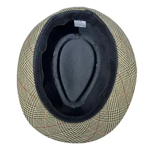 Detail of internal size tag and breathable cotton-polyester lining for men's fedora hat