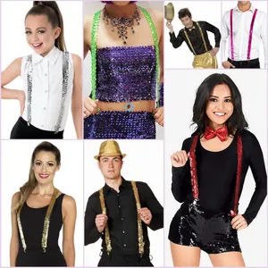 Detail of glittery sequined suspenders with metallic clips for party and stage performance