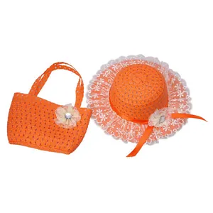 Bright orange straw hat and handbag set with lace flower details for summer kids' fashion