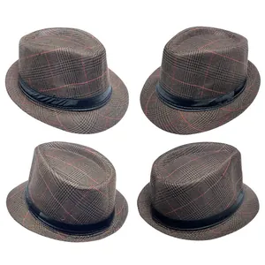 Detail view of plaid fedora hat for men featuring brown checkered pattern and black satin band