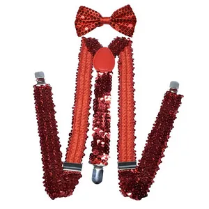 Detail view of red sequin suspenders and bowtie set with metallic clips for parties