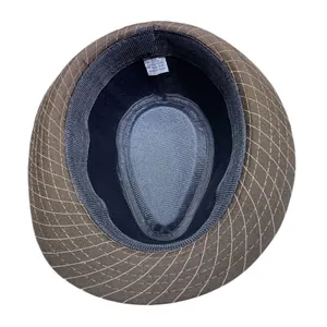 Top view of brown trilby hat interior showing size 58 label and cotton blend fabric