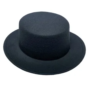 Detail shot of the flat-top black wool felt fedora showing smooth premium texture