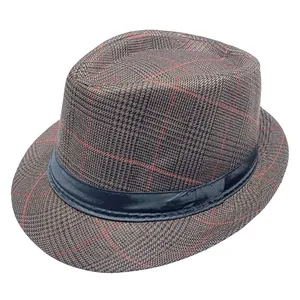 Detail of grey plaid fedora hat for men featuring a black ribbon and vintage British pattern