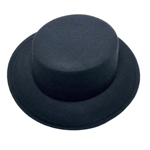 Detailed top view of a classic black wool felt flat top hat with fine edge stitching