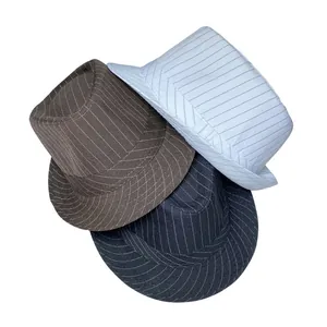 Close-up of three pinstripe fedora hats in brown, light blue, and dark grey colors