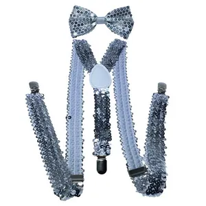Detail view of sparkly silver sequin bow tie and adjustable Y-back suspenders set