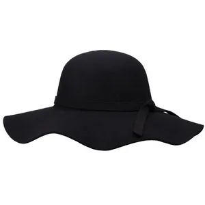 Chapeau fédora classique en laine noire à large bord avec ruban à nœud élégant et calotte