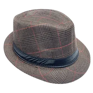 Classic plaid fedora hat with black ribbon band for men, breathable vintage summer style
