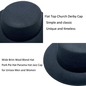 Detailed macro view of the stiff flat top and texture of the black wool blend wide brim hat